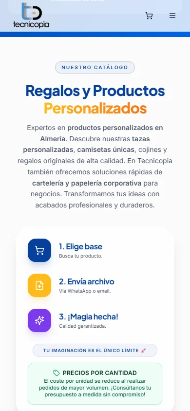 Catálogo real de Tecnicopia en móvil: productos personalizados y pasos para realizar una solicitud